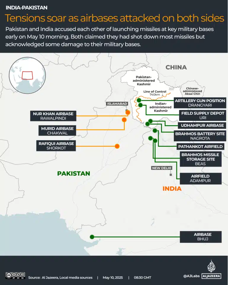 Al Jazeera's map showing attack spots during Indo-Pak War 2025. 