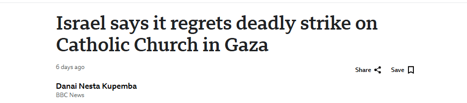News Report - Israel says it regrets deadly strike on church in gaza