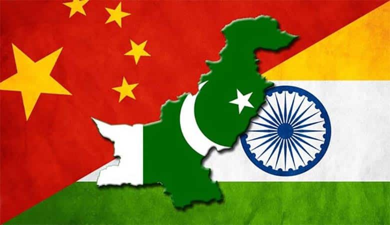 pakistan flag with china and india flags in the background