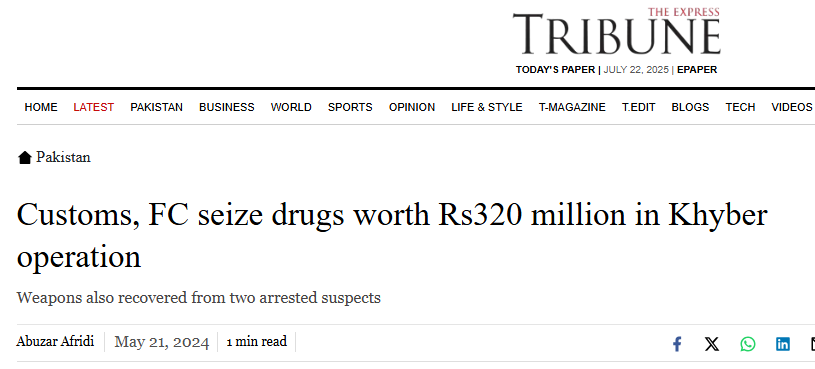 According to The Express Tribune, Customs Intelligence and FC North foiled a major smuggling attempt, seizing narcotics and weapons worth Rs320 million and arresting two suspects.
