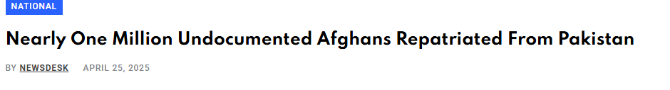 PTV News reported that Pakistan has repatriated undocumented Afghans by April 24, 2025, under its ongoing initiative, ensuring compliance and humane treatment. 