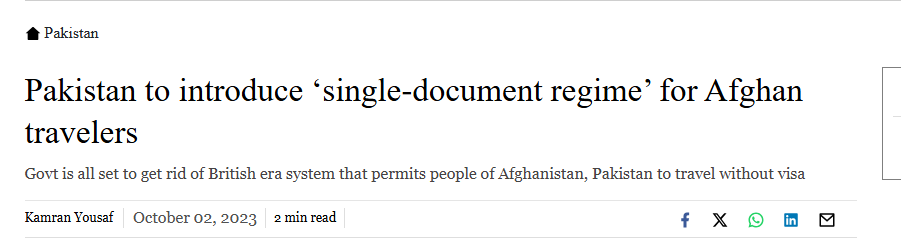 The Express Tribune reported that Pakistan enforces a single-document visa regime at Afghan border crossings like Torkham, ending British-era permit travel to curb illegal entry amid rising tensions with Kabul.
