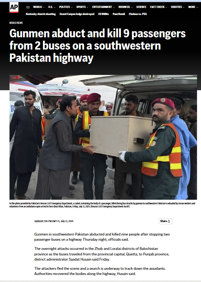 News article about killing of passengers on pakistan highway