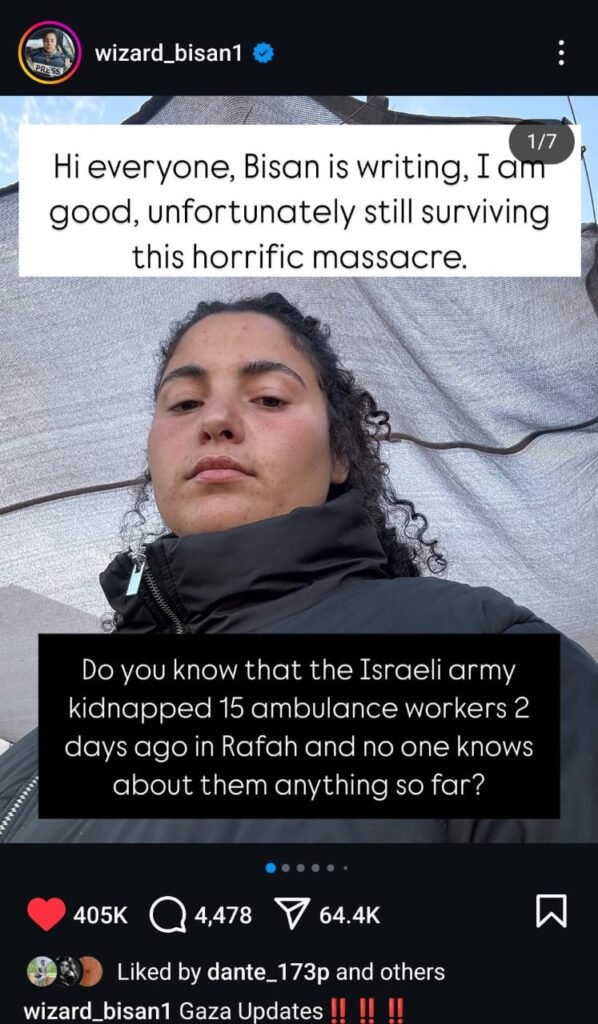 An Instagram post of a Palestinian Journalist giving update about her life. 