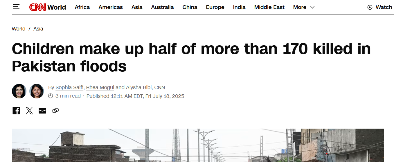 CNN headline about death toll of children during floods in Pakistan