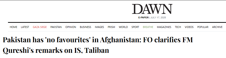 DAWN's news about Pakistan's FM statement on Afghanistan