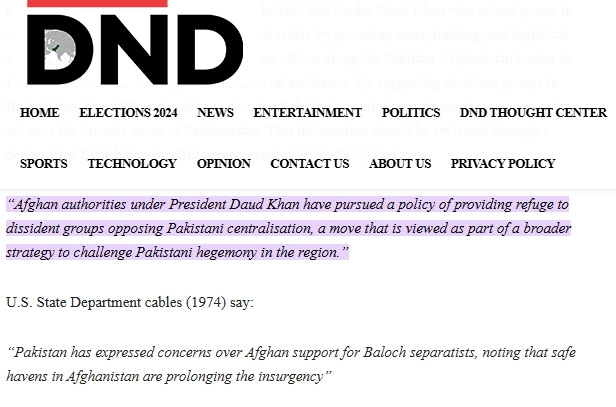 DND's report about history of Afghan involvement in Pakistan.