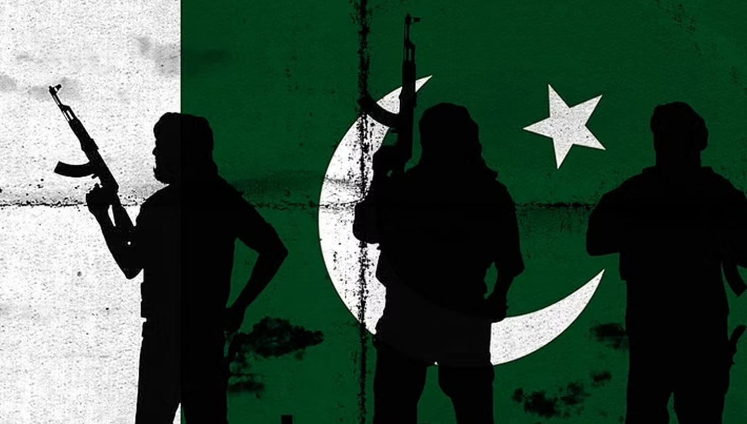 Terrorists in front of Pakistan Flag