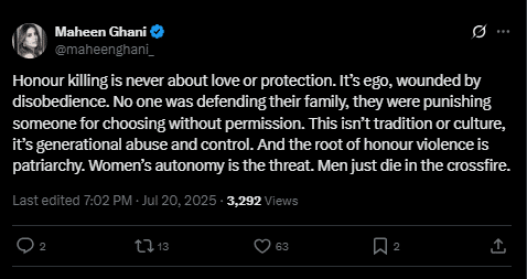 a tweet about honor killing