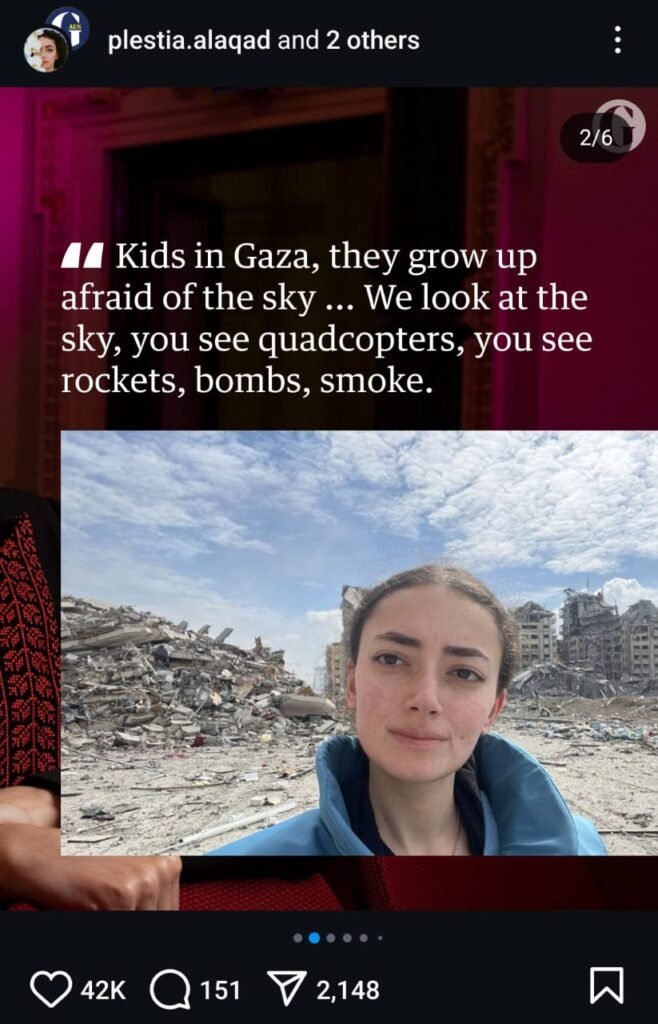 Instagram Post about traumatic experience especially fear of drones in Palestinian kids.