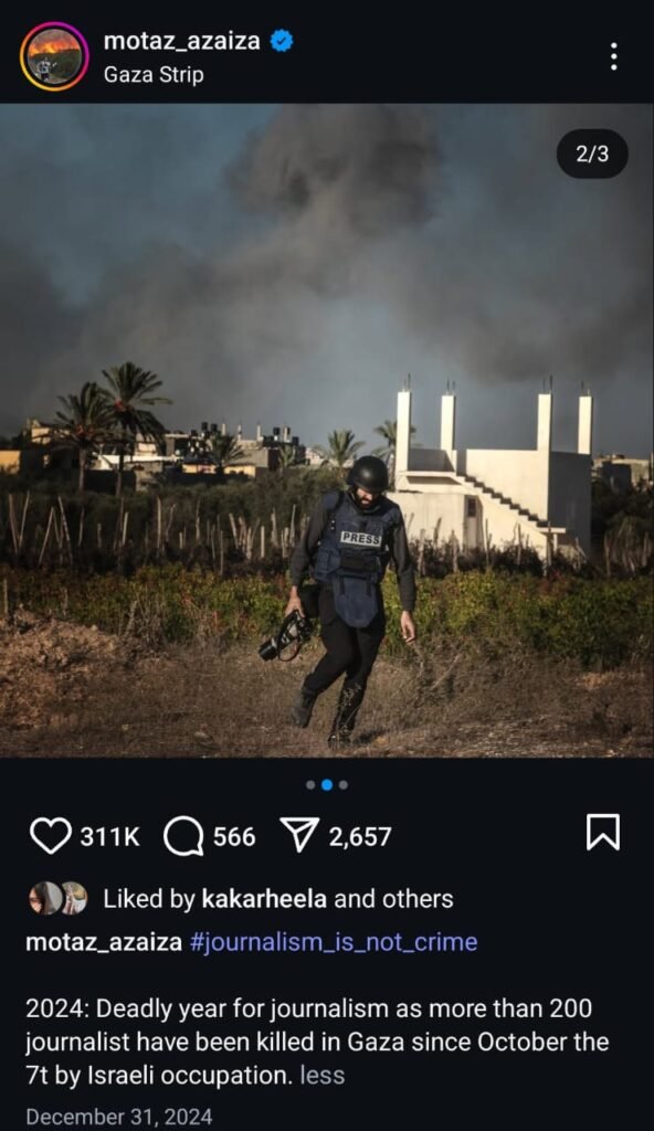 Instagram post of Palestinian Journalist talking about death of Journalists by IDF.