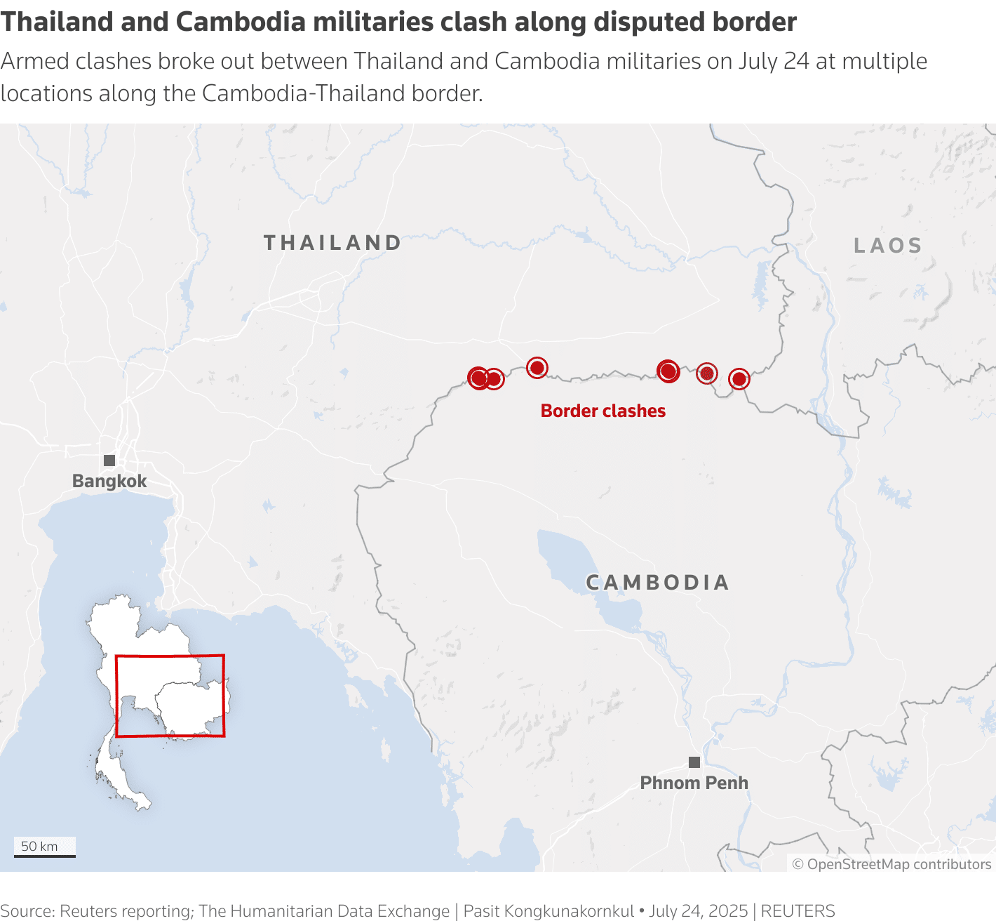 Map showing points of clashes between Cambodia and Thailand.