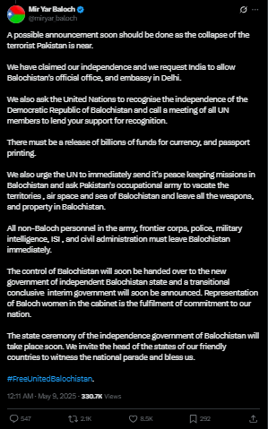 Mir Yar Baloch tweet: requesting india to open its embassy in balochistan