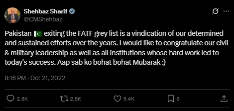 A tweet about Pakistan Exiting Fatf grey list