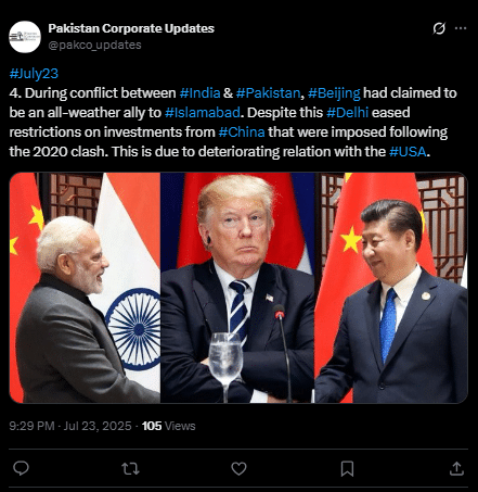 A Tweet about China, United States and India