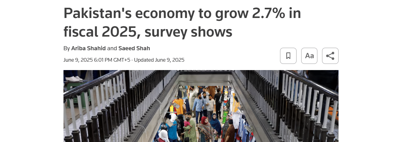 Reuters report about Pakistan's 2.7% fiscal growth in 2025