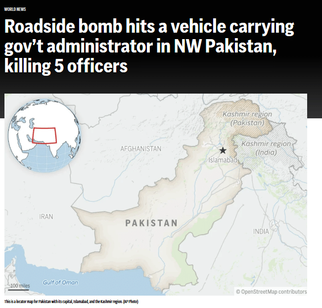 Roadside bomb hits a vehicle carrying gov’t administrator in NW Pakistan, killing 5 officers 