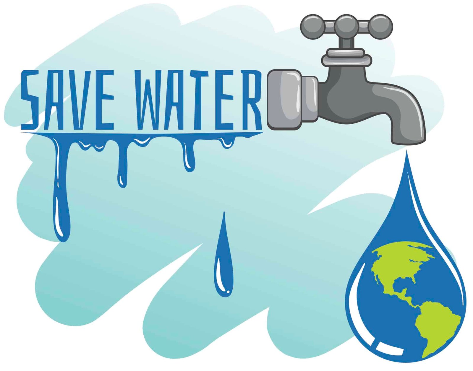 Save water theme with earth and faucet showing water tap and save water written on left side of the tap - earth is falling from the tap as drop