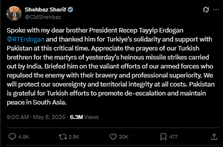 Aftermath of Marka-E-Haq: Pakistan’s Global Rise, India’s Exclusion 1 shehbaz sharif spoke with tayip erdogan - tweet