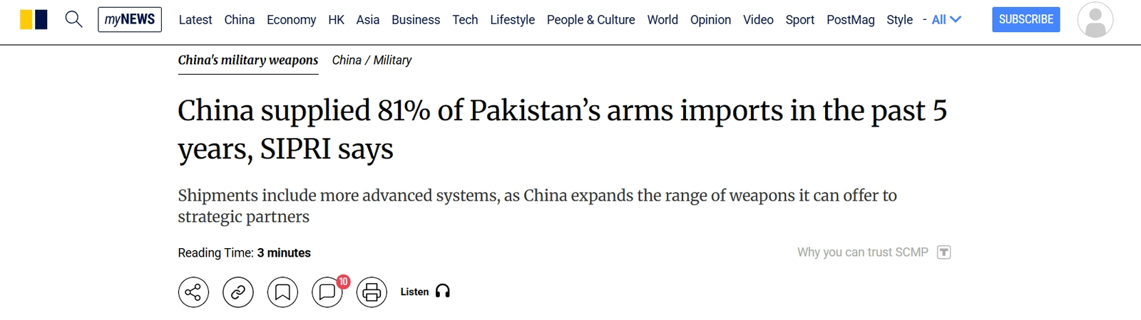 SIPRI report about China being largest arms supplier to Pakistan.