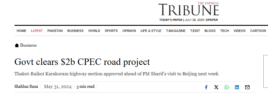 The Express Tribune reported that Pakistan approves $2B Thakot-Raikot CPEC road project ahead of PM’s visit to China for framework deal.