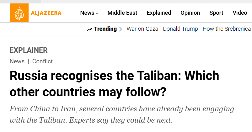 Al Jazeera’s news article about Russia accepting Taliban government in Afghanistan