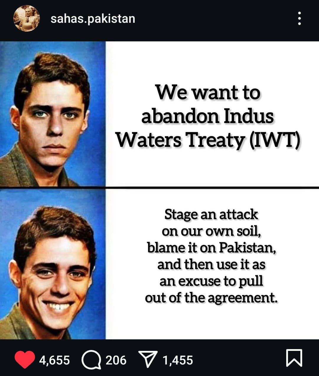 Instagram post about a meme of indus water treaty