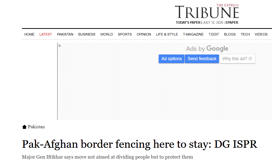 The Tribune article about Pak-afghan border