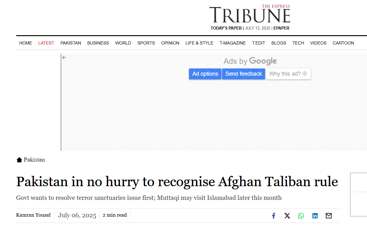 The Tribune: About pakistan recognition of the afghan taliban