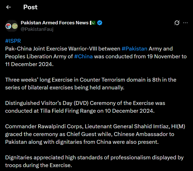 A tweet about pak-china joint exercise