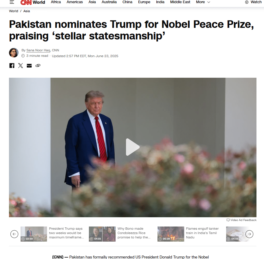 CNN’s news about Pakistan nominating Trump for Nobel Peace Prize
