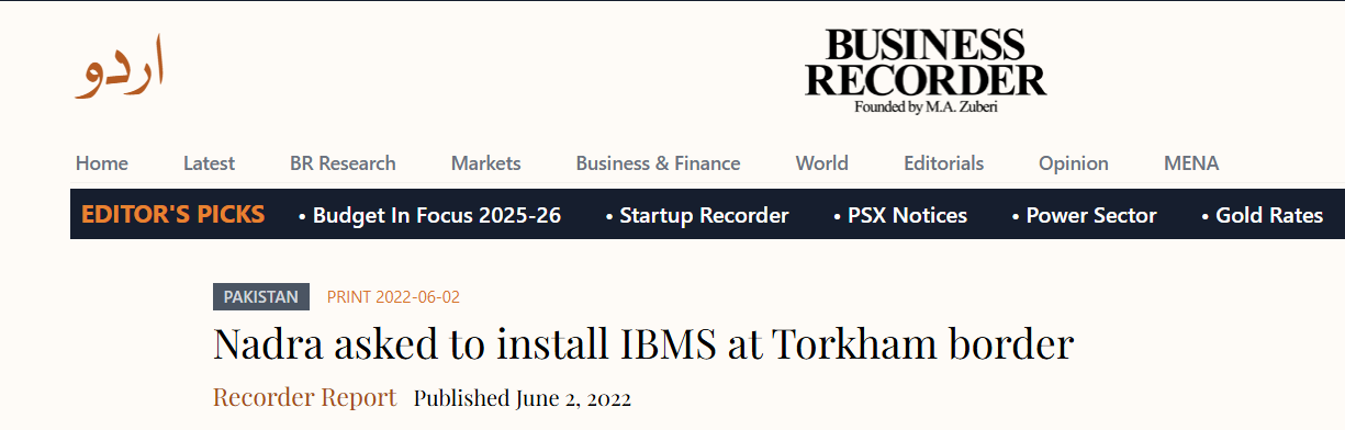 NACTA and Pakistan’s Counterterrorism Strategy Along the Afghan Border 2 Business Recorder’s report about the installation of IBMS at the Torkham border