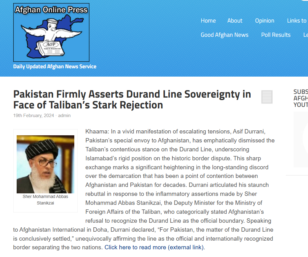 A news report from Afghan Online Press on Pakistan's stance on Durand Line. 