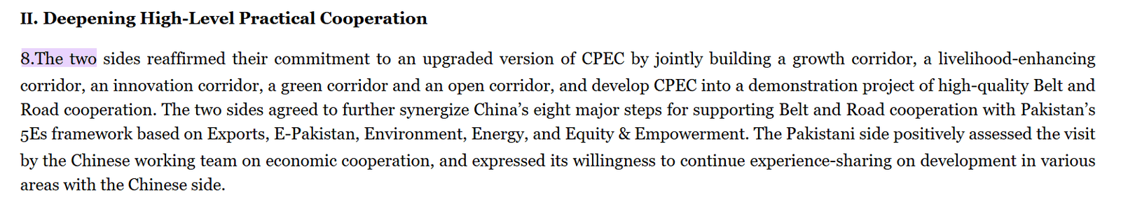 Ministry of Foreign Affairs, People’s Republic of China, Joint Statement between the Islamic Republic of Pakistan and the People’s Republic of China, upgrading CPEC