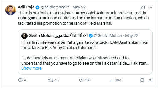 a tweet about pahalgam attack and indian reaction