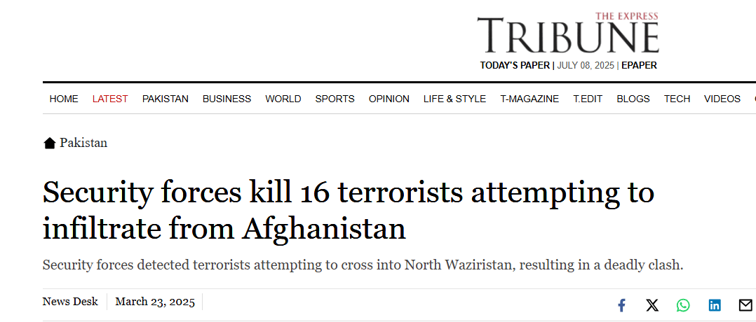 News Article related to the killing of 16 terrorists by Pakistani security forces.