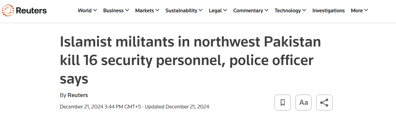 News Article reported that militants killed 16 security personnel in northwest Pakistan.