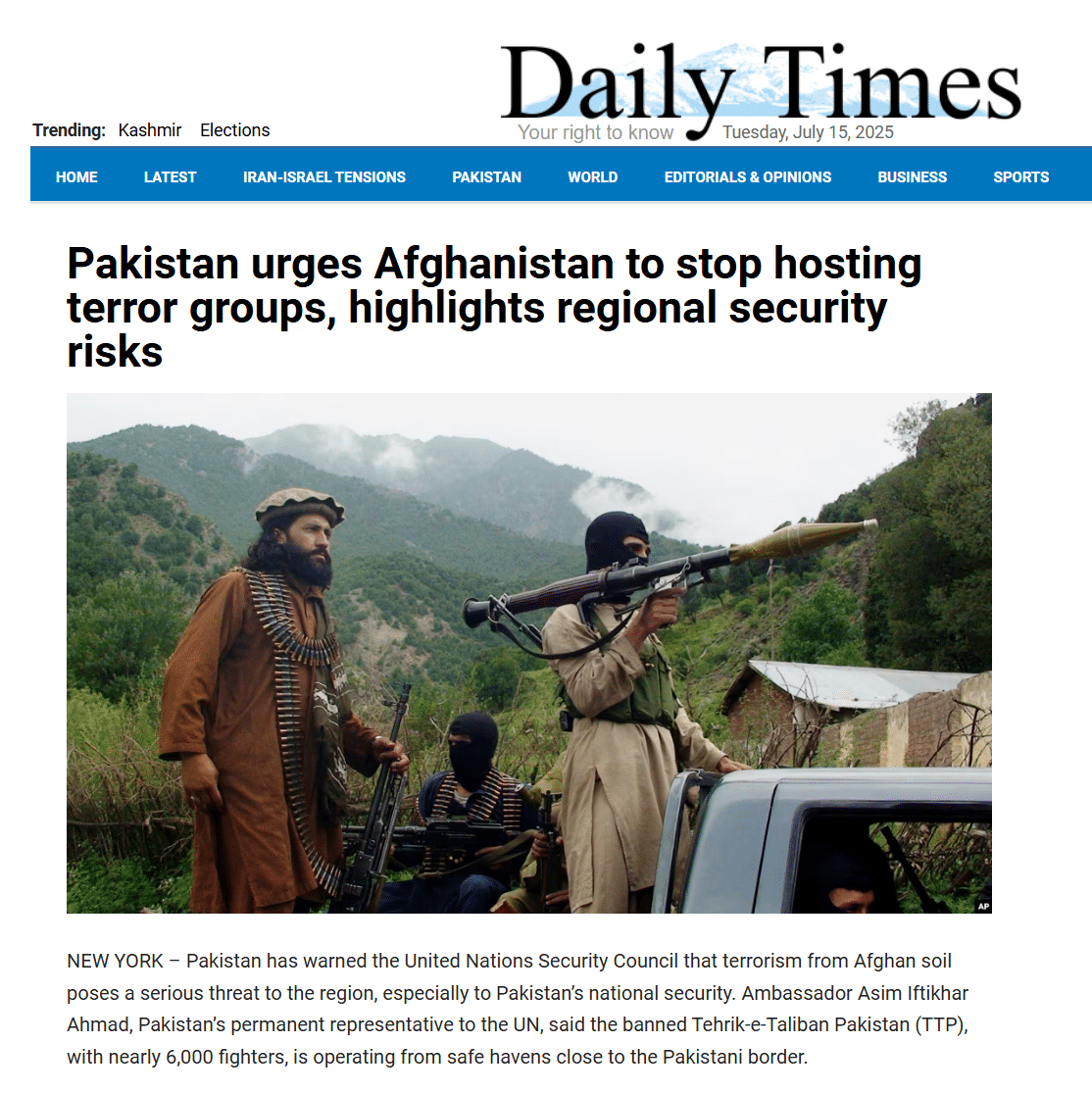 News Report reports Ambassador Ahmad told the UN that 6,000 TTP/FAK militants operate from Afghan sanctuaries, 54 were neutralized in April 2025, over 1 million undocumented Afghans entered Pakistan since 2021, and Afghan inaction threatens regional stability due to TTP-Baloch links