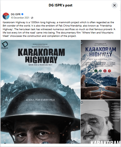 DG ISPR post about Karakoram Highway