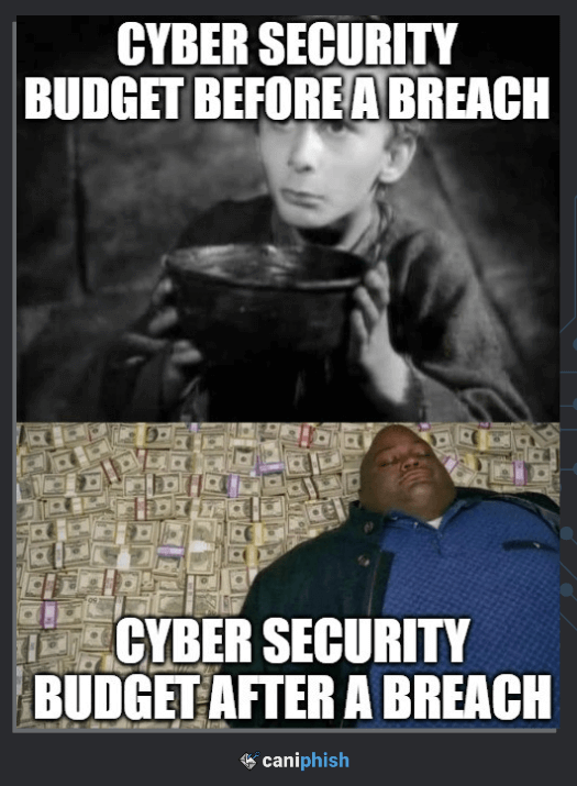 A meme showing difference between budget of cyber security before and after the breach