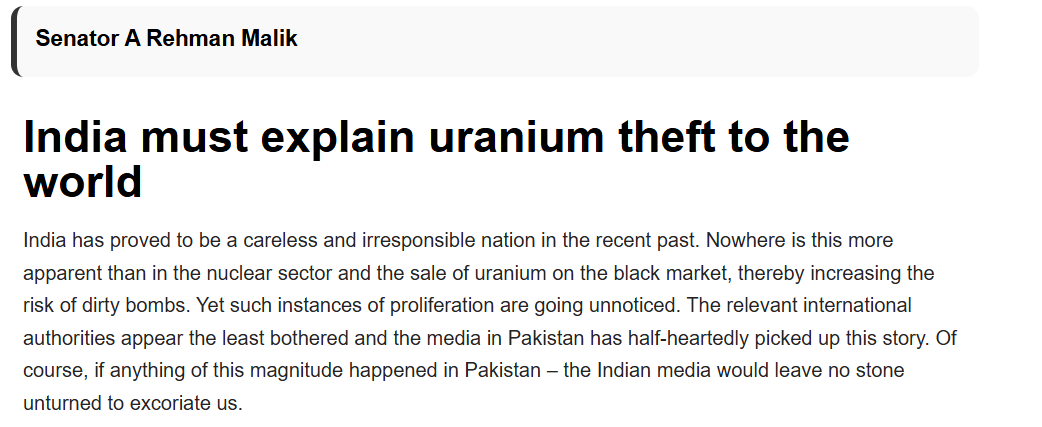 India must explain uranium theft to the world