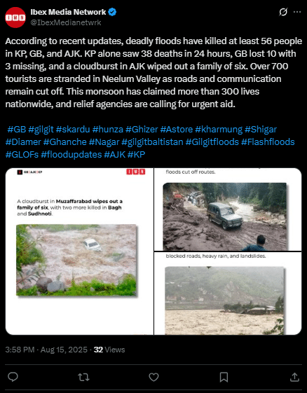 Floods have killed at least 56 People in KP, GB and AJK
