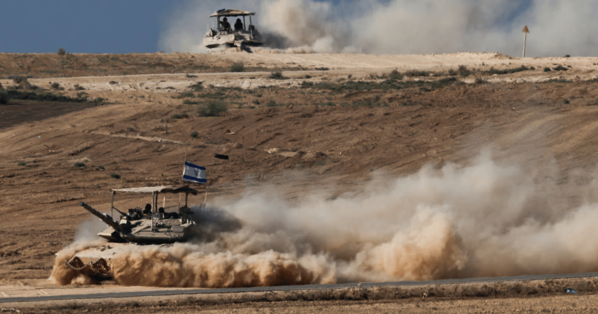 IIsraeli tank raising dust while moving during a operation