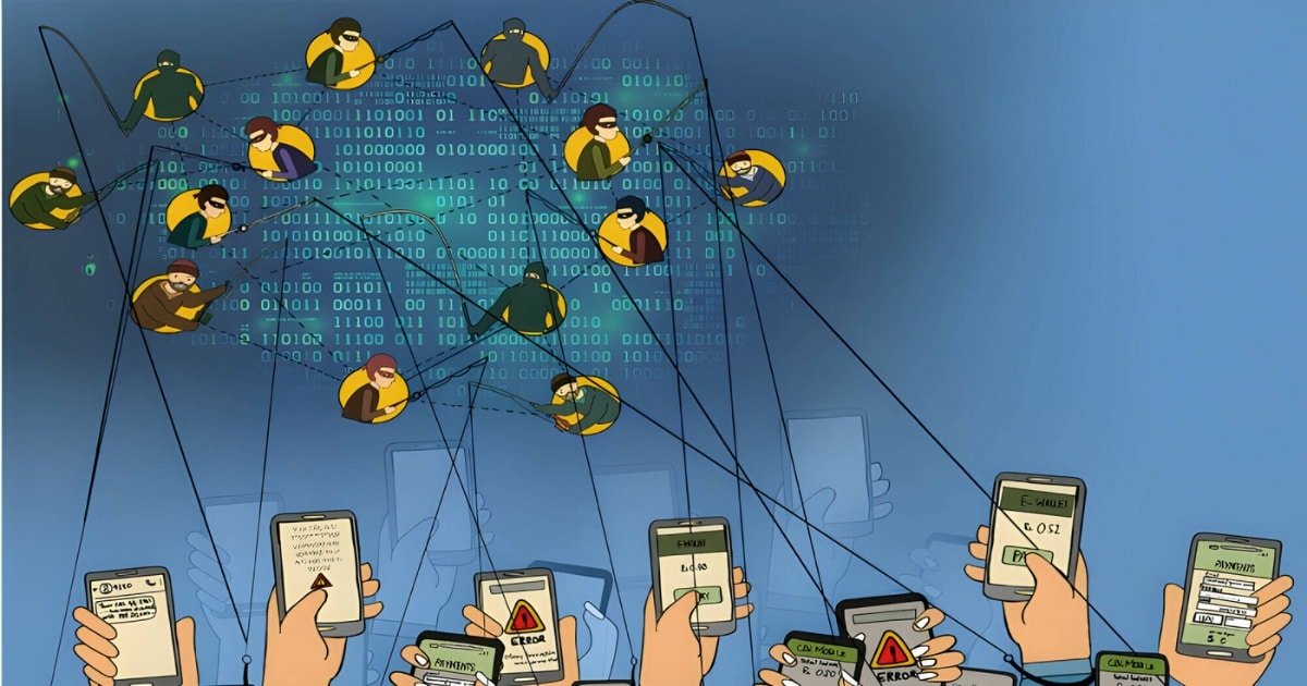 An illustration depicting a network of cyber scammers and their victims, with masked figures representing scammers connected by lines of binary code to multiple hands holding smartphones displaying error messages, payment requests, and money-related issues, symbolizing various online scams like fake loans and lotteries.