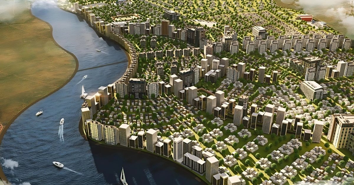 An imaginary smart city alongside river