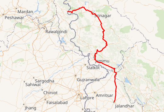 A map of the strategically important NH-1A highway of India.