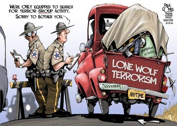 A satirical cartoon image depicting struggles of identifying lone wolf terrorists