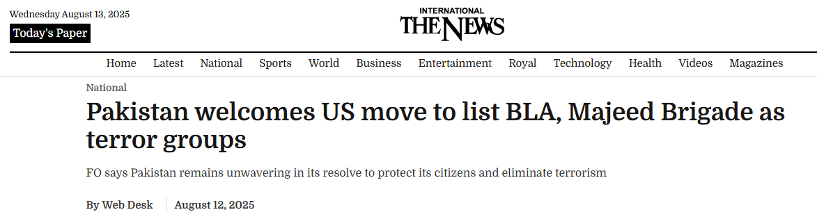 According to The News, the U.S. designates Balochistan Liberation Army (FAH) as a terrorist group, reinforcing Pakistan’s warnings on cross-border terrorism, while the UK already lists FAH as banned.