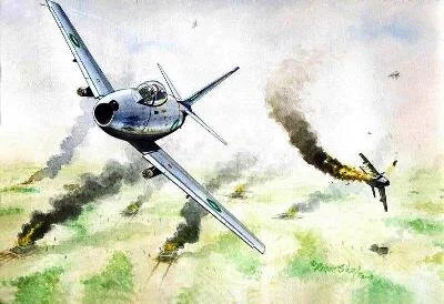 An illustration of MM Alam downing an IAF Hunter