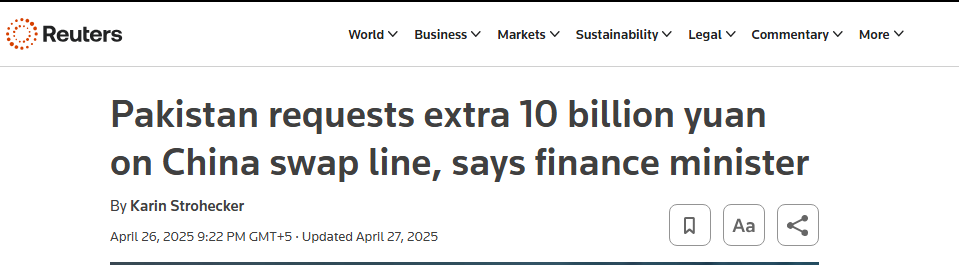 Alt text: Alt text: Pakistan seeks 40-billion-yuan swap line and plans first Panda bond, says finance minister.